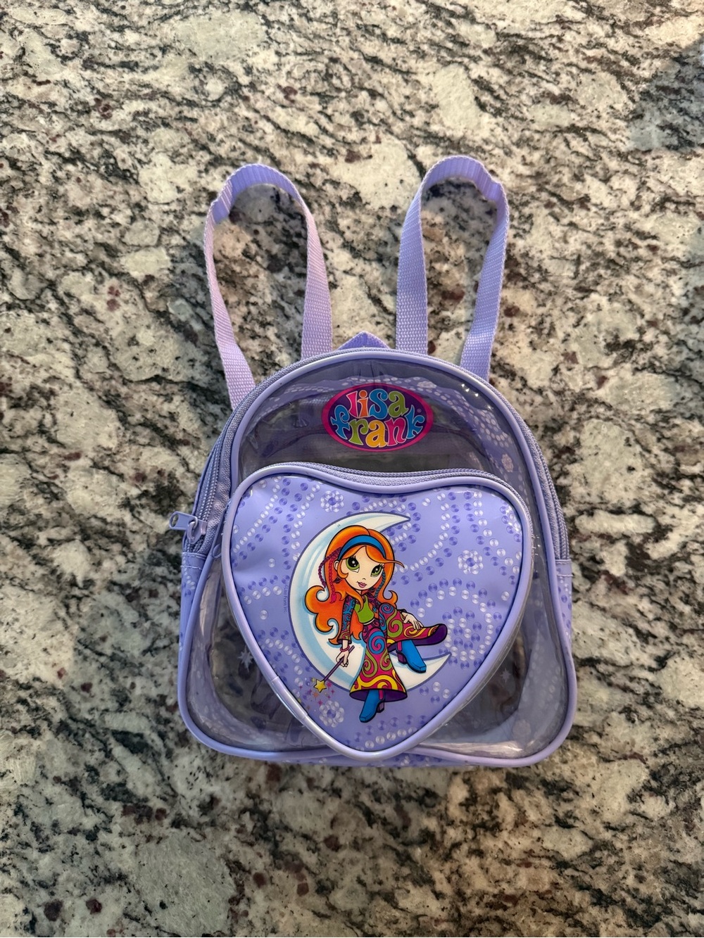 VTG Lisa Frank Moon Star Girl Purple Clear Vinyl Heart Shaped Mini Backpack